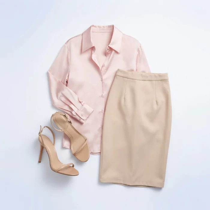Pale Pink Blouse & Beige Pencil Skirt