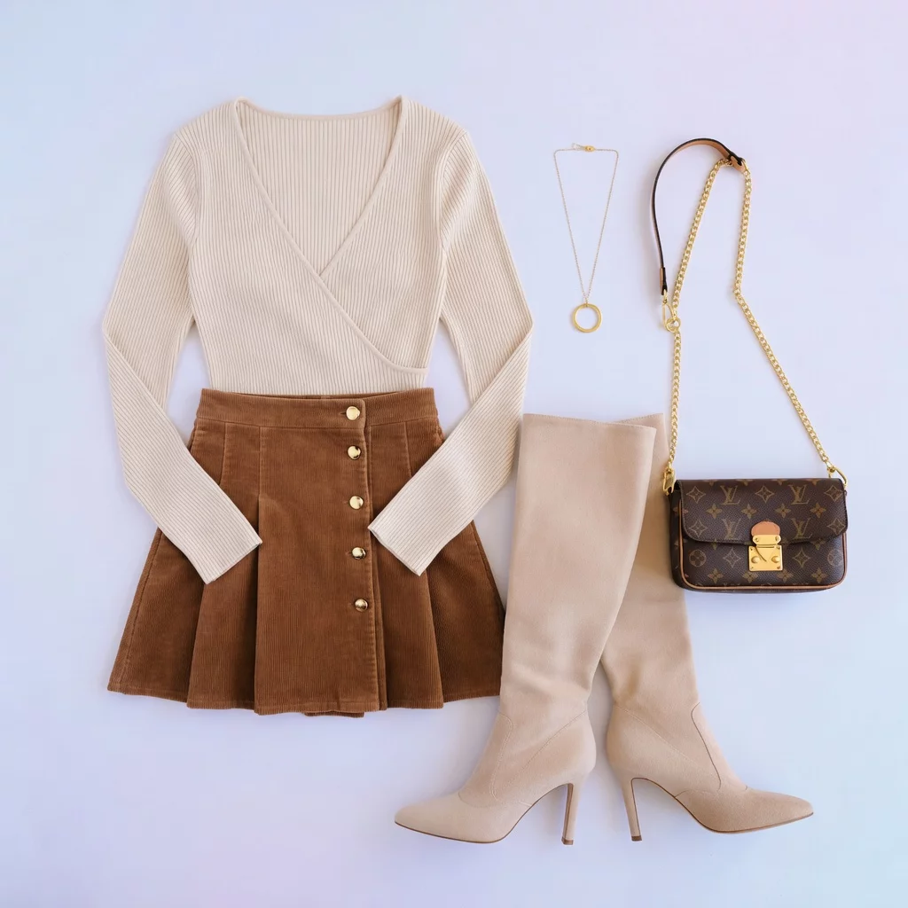 Top transpassado canelado creme com saia mini plissada marrom 30