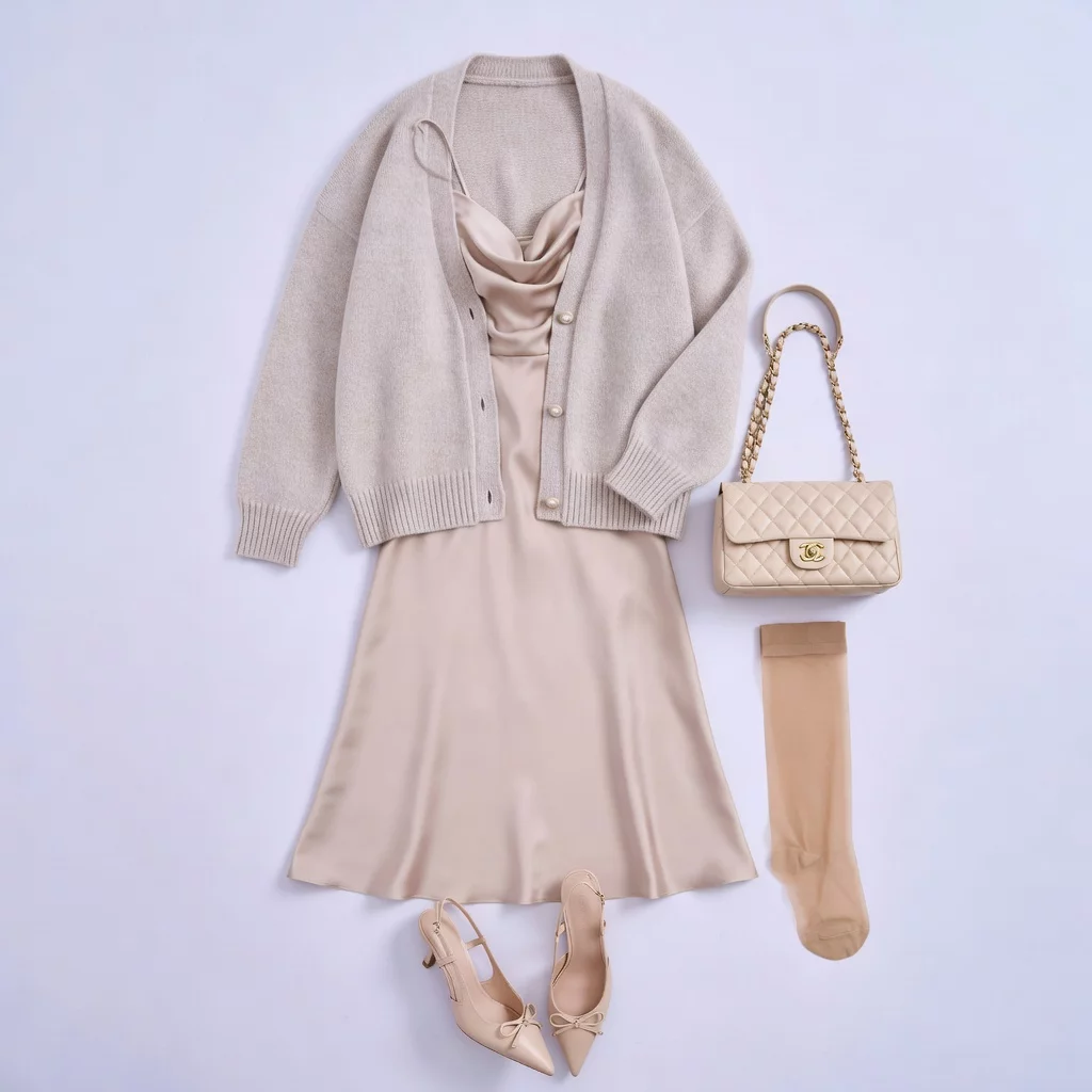 소프트 베이지 슬립 드레스와 니트 가디건 60