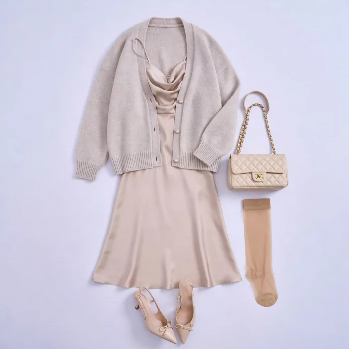 소프트 베이지 슬립 드레스와 니트 가디건 60