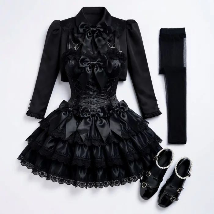 Vestido Lolita Gótico Preto com Bolero