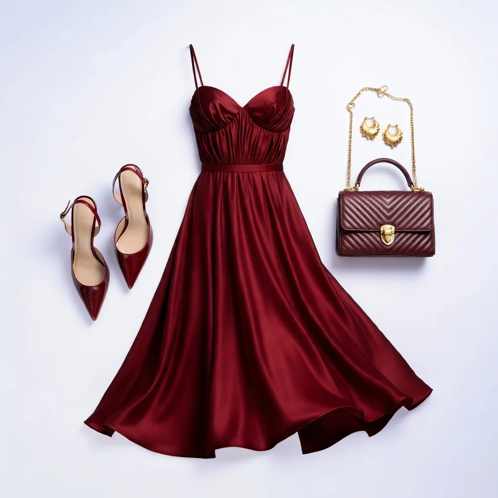 우아한 버건디 미디 드레스 파티 룩 140
