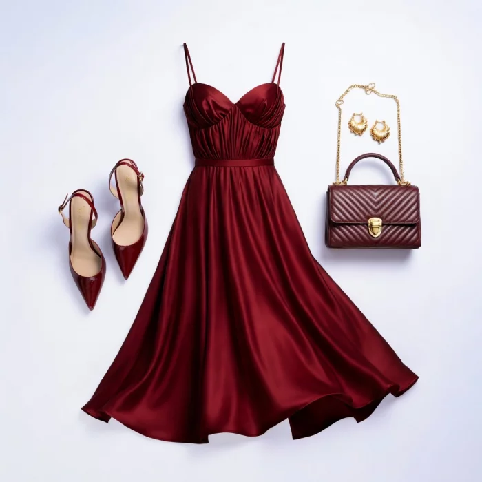 우아한 버건디 미디 드레스 파티 룩 140