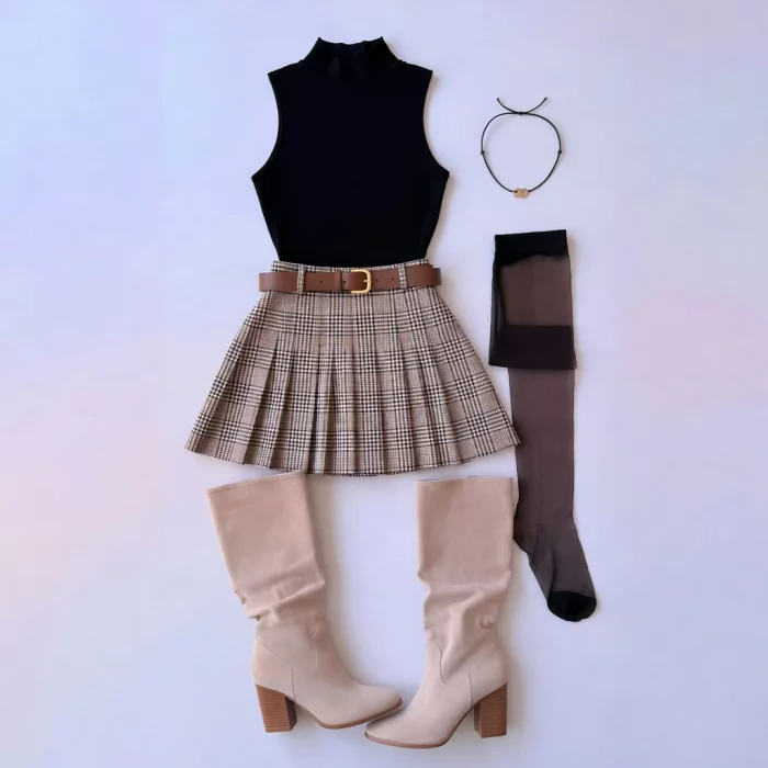 Black Sleeveless Top with Plaid Mini Skirt 80