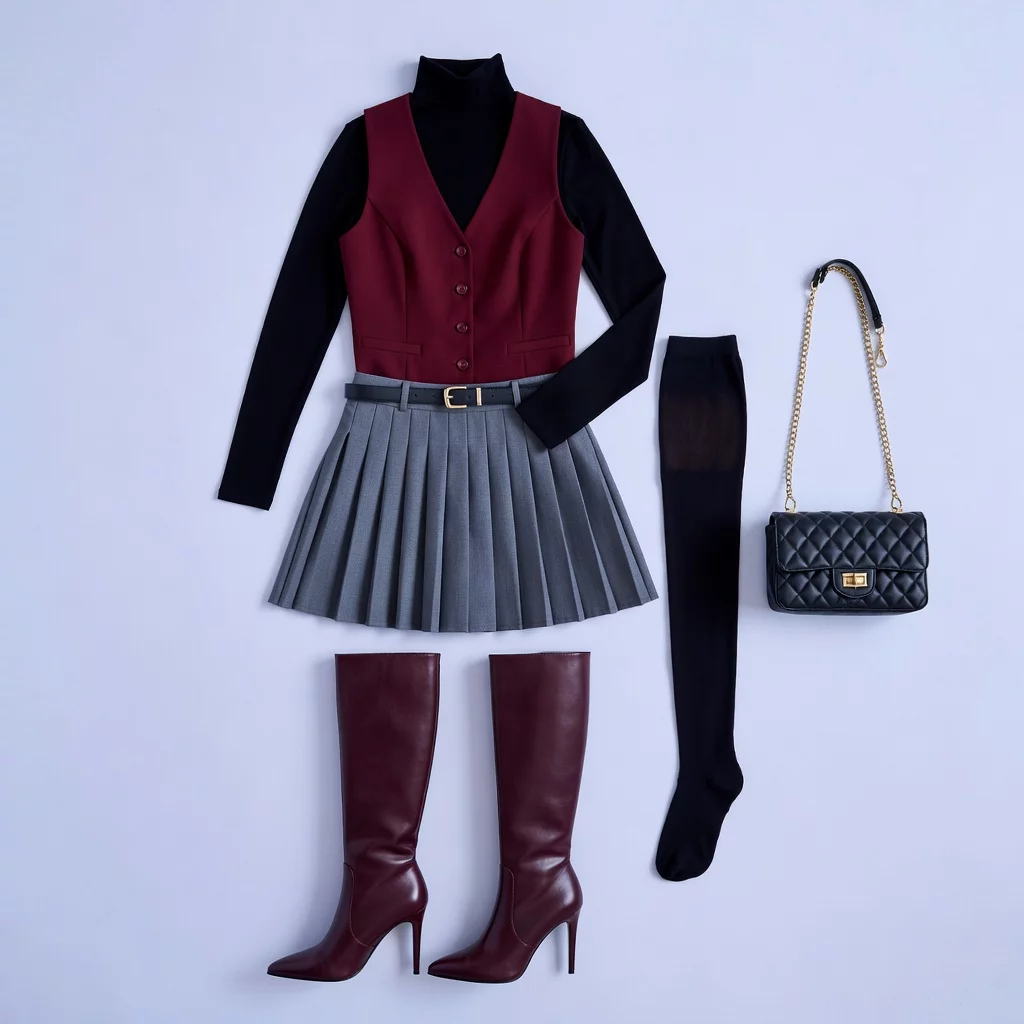 Burgundy Vest & Pleated Skirt Look