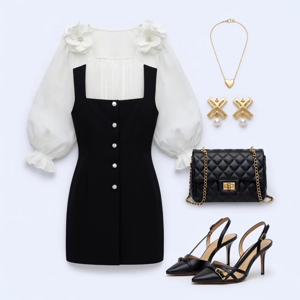 Black Mini Dress with White Floral Blouse 40