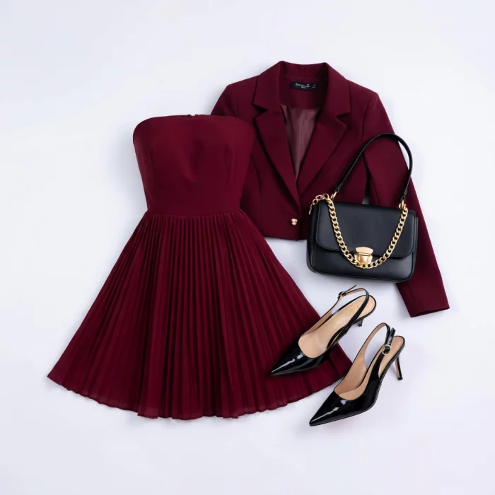 Burgundy Romance: Pleated Mini & Cropped Blazer