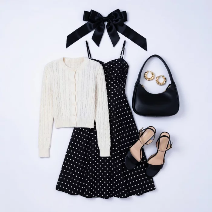 Polka Dot Romance: Midi Dress & Cable Cardigan 🎀