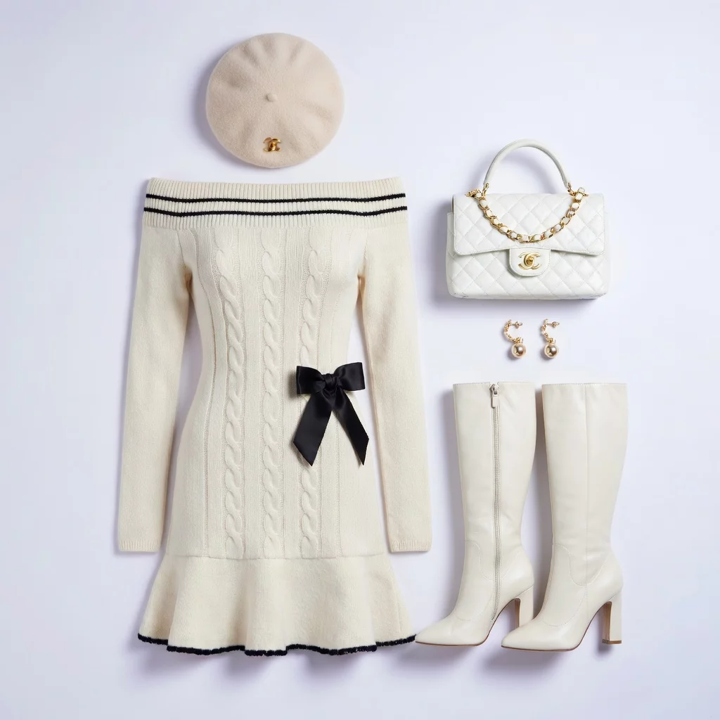 Leiser Luxus Creme Strick Mini-Kleid Ensemble 20