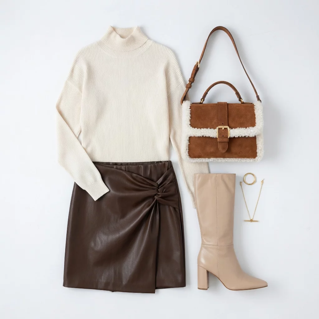 Look chic otoñal con suéter de cuello alto y falda de cuero