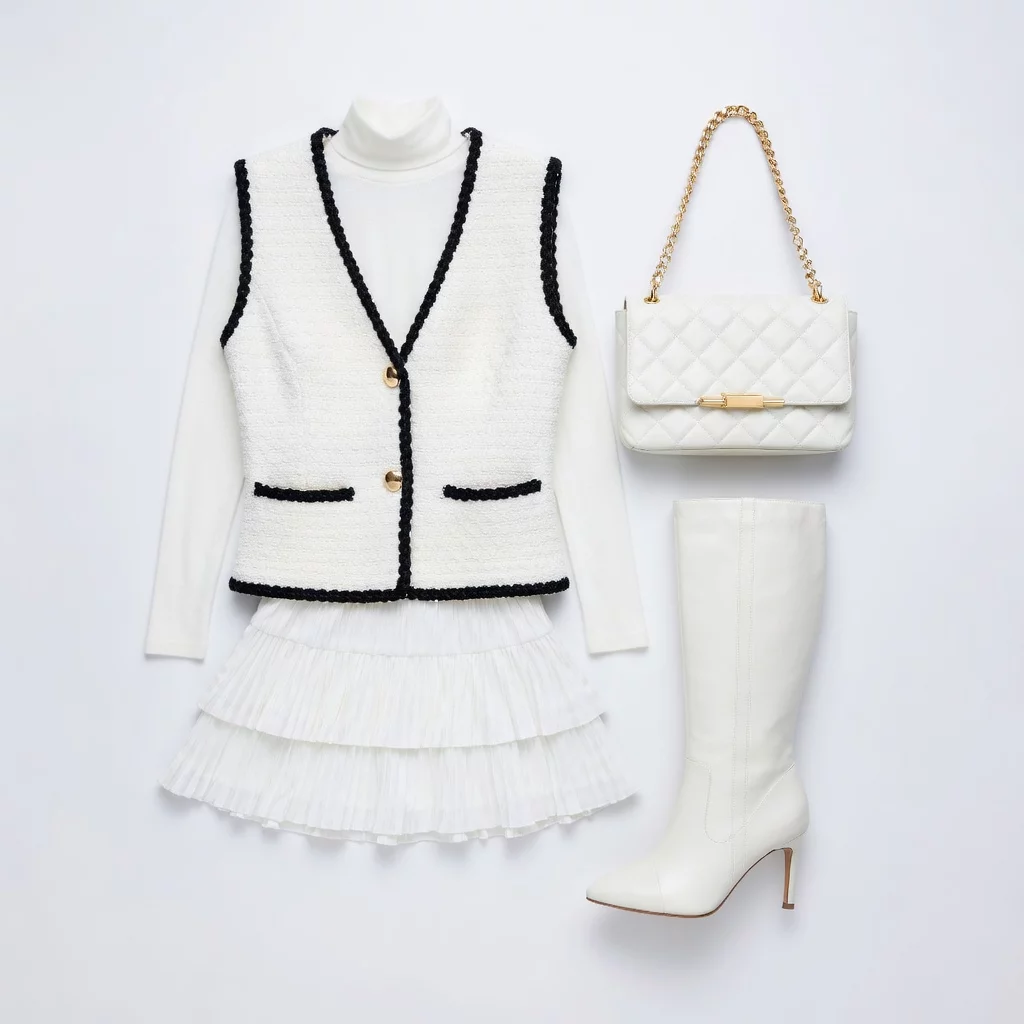 Quiet Luxury White Pleated Ensemble with Tweed Vest