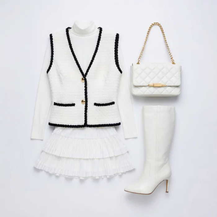 Quiet Luxury White Pleated Ensemble with Tweed Vest