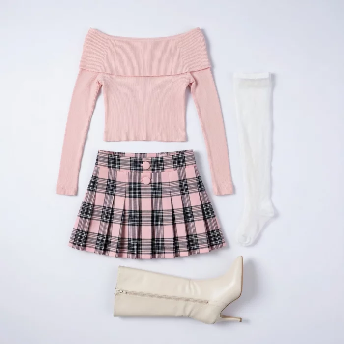 Look coquette de saia mini xadrez rosa