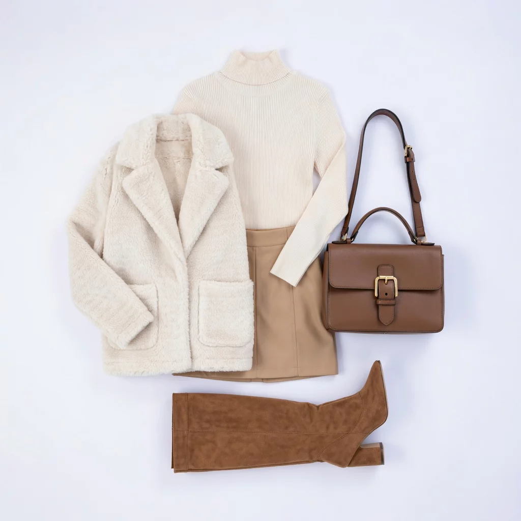 Look de cuello alto crema y falda mini beige