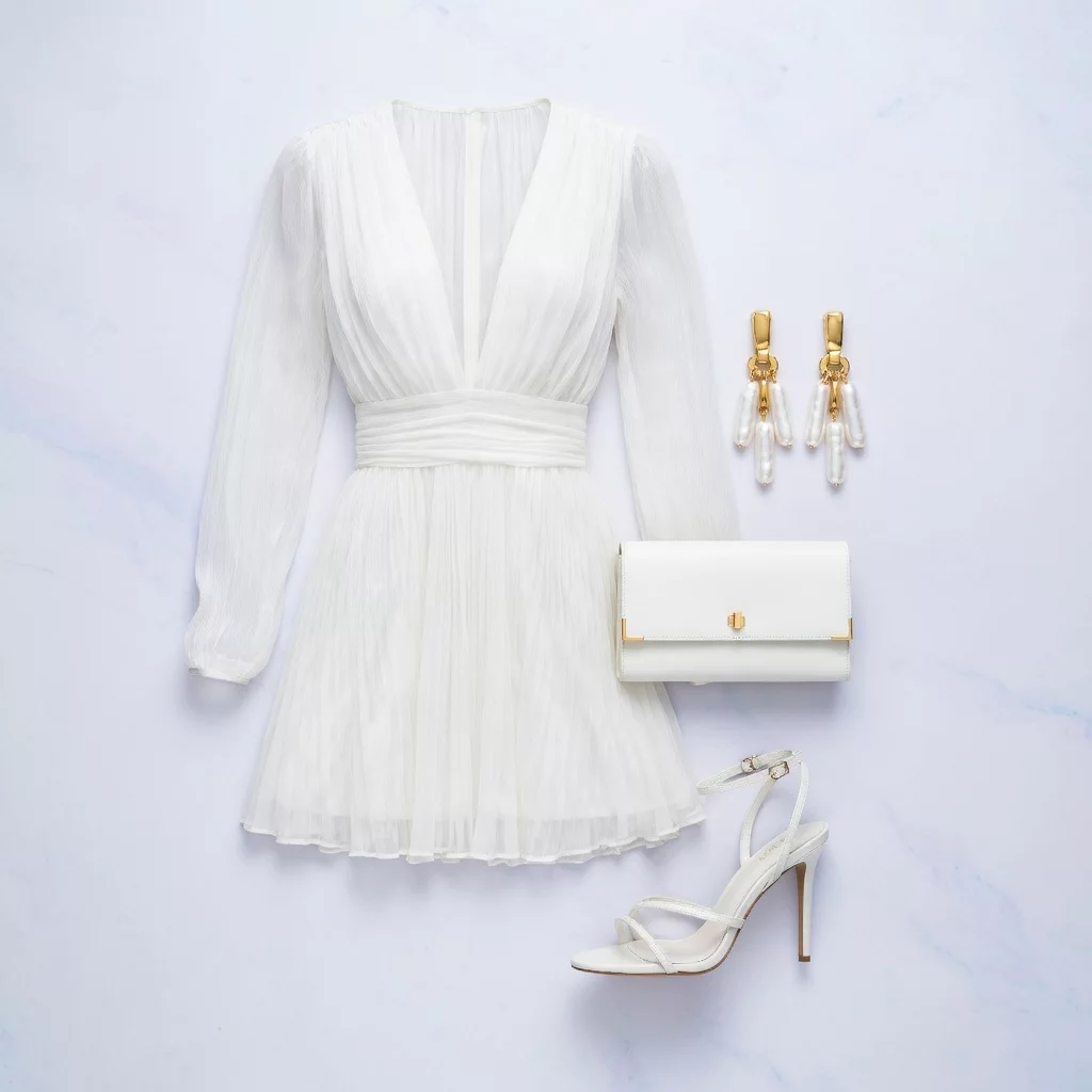 Romantic White Plunge Mini Dress Look