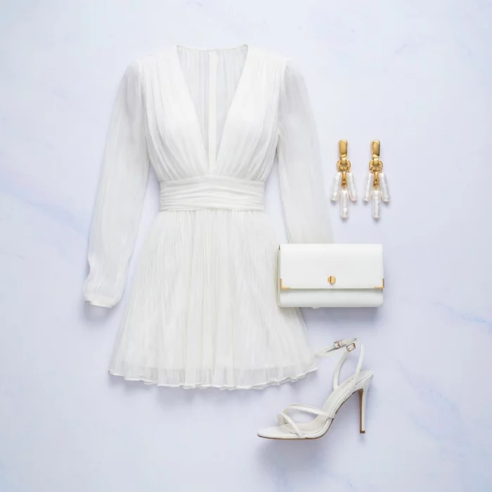 Romantic White Plunge Mini Dress Look