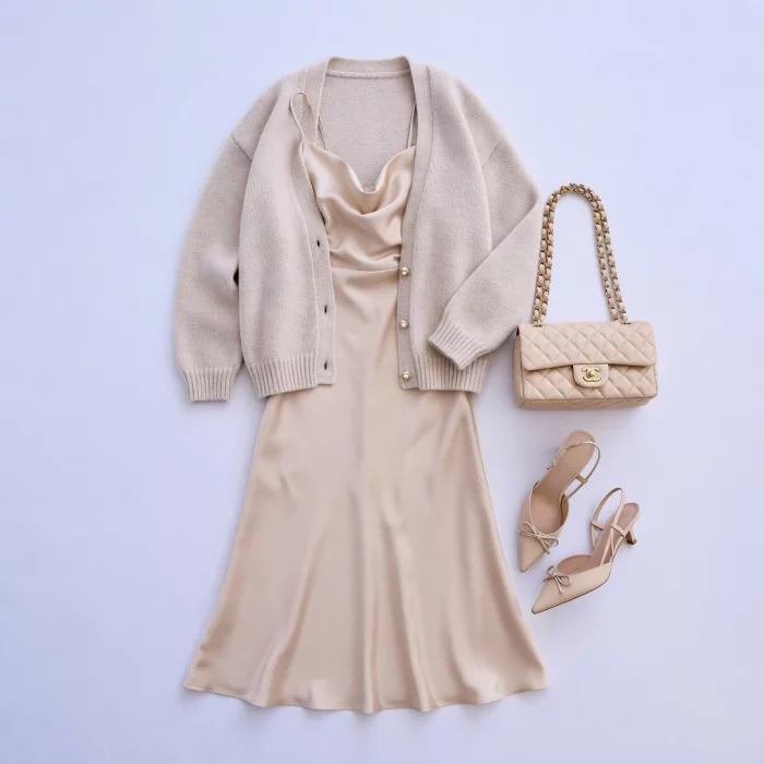 소프트 베이지 슬립 드레스와 니트 가디건 80