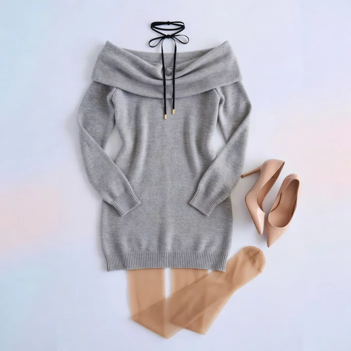 Grauer Off-Shoulder Strickminikleid-Look 100