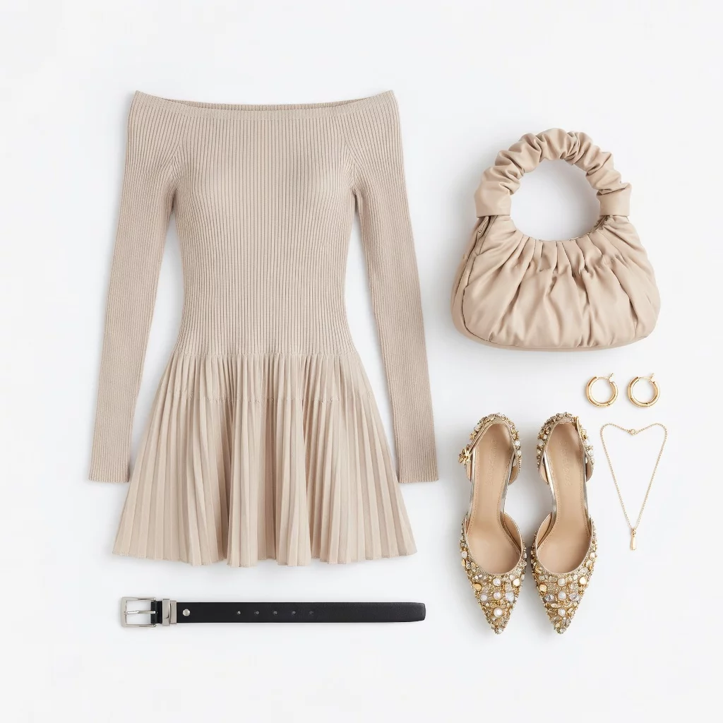Beige Knit Mini Dress with Gold Accents