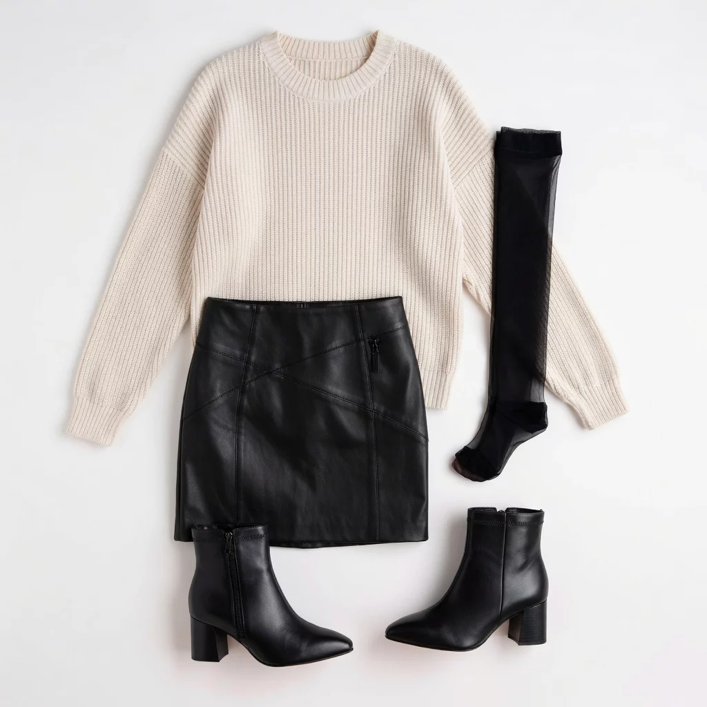 Cream Knit Sweater with Black Leather Mini Skirt