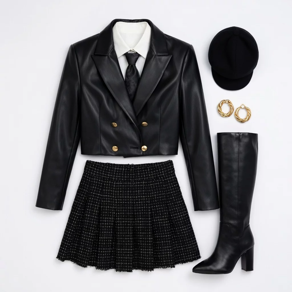 Blazer de cuero negro con falda de tweed