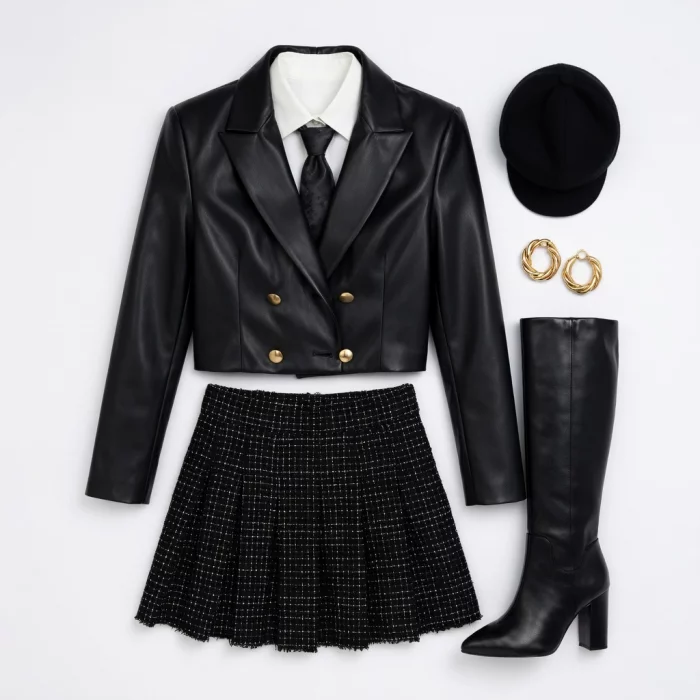 블랙 레더 블레이저와 트위드 스커트