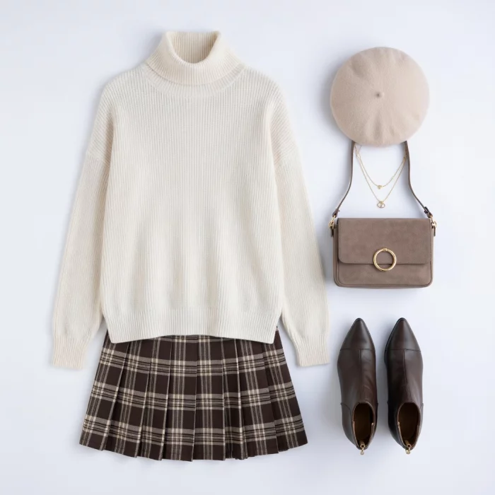 Maglione a Collo Alto Accogliente Autunnale e Gonna a Quadri