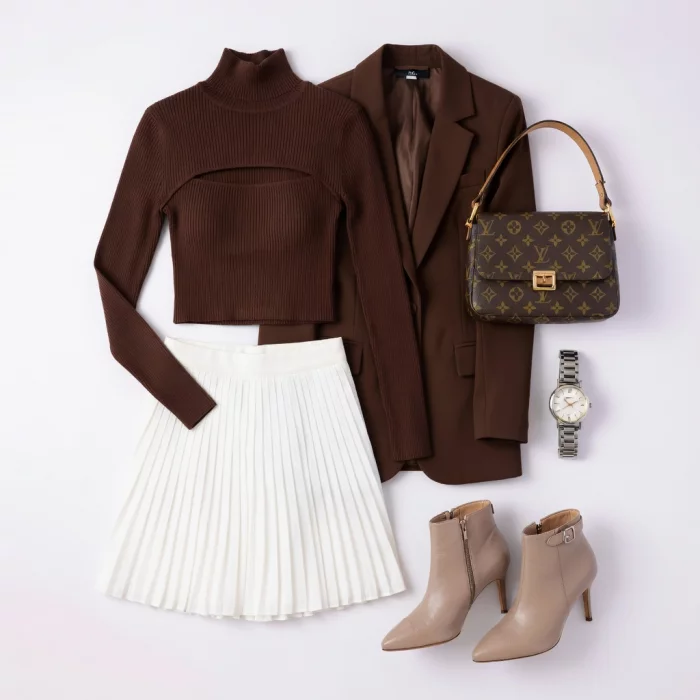 Conjunto de luxo silencioso com suéter de gola alta marrom