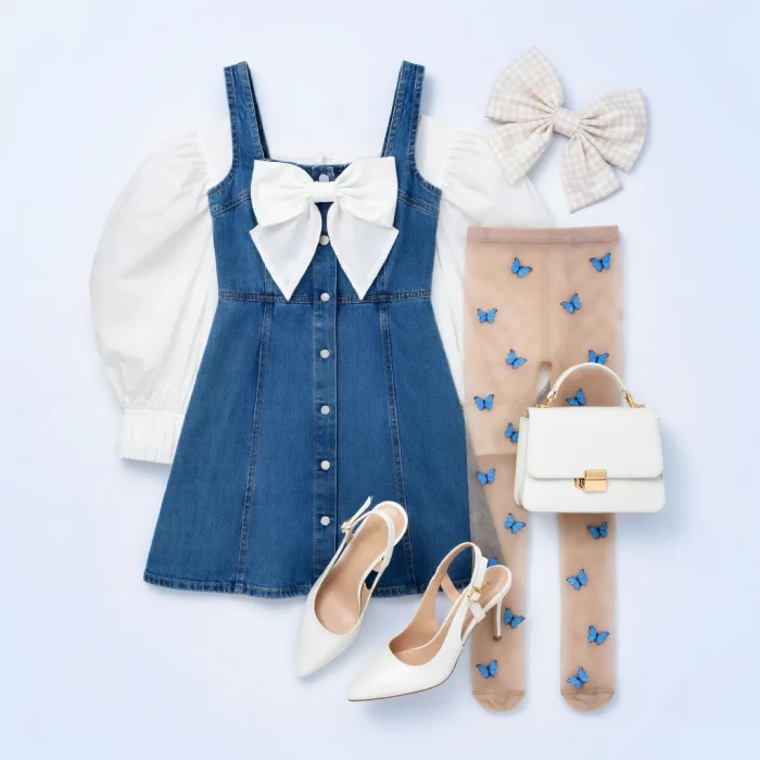 Coquette Blue Denim Bow Mini Dress Look