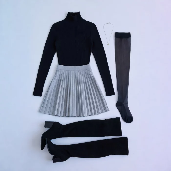 Black Turtleneck with Gray Pleated Mini Skirt 50
