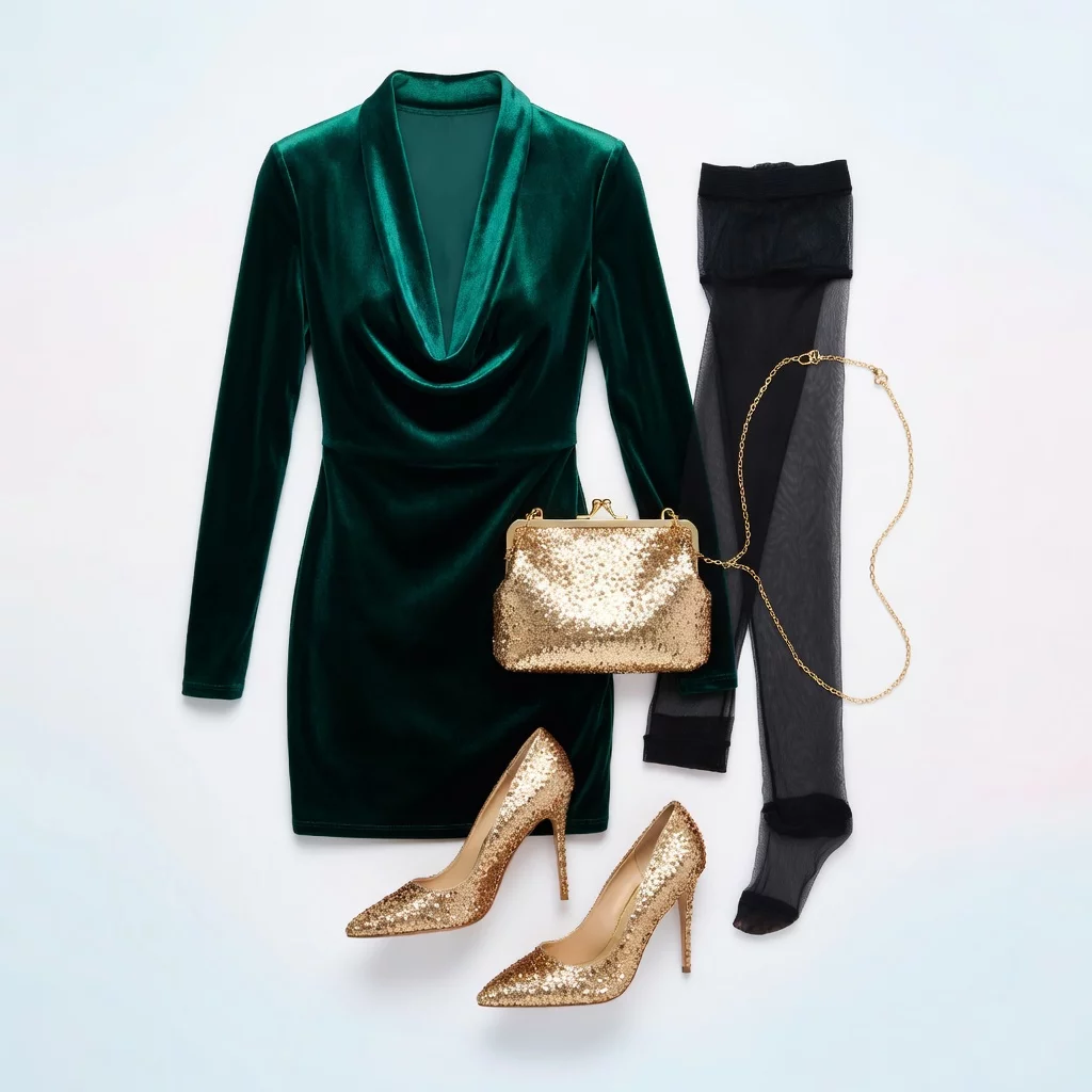 Emerald Velvet Mini Dress with Gold Sequins