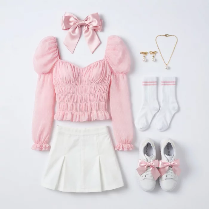 Blusa Rosa Coquette e Gonna Bianca