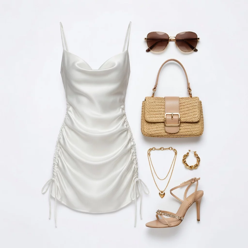 Dreamy White Satin Ruched Coquette Dress 🌸
