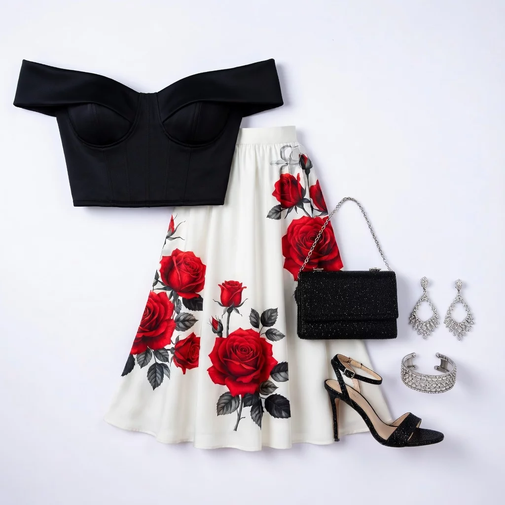 Schwarzes Off-Shoulder-Top mit rotem Blumenrock 20