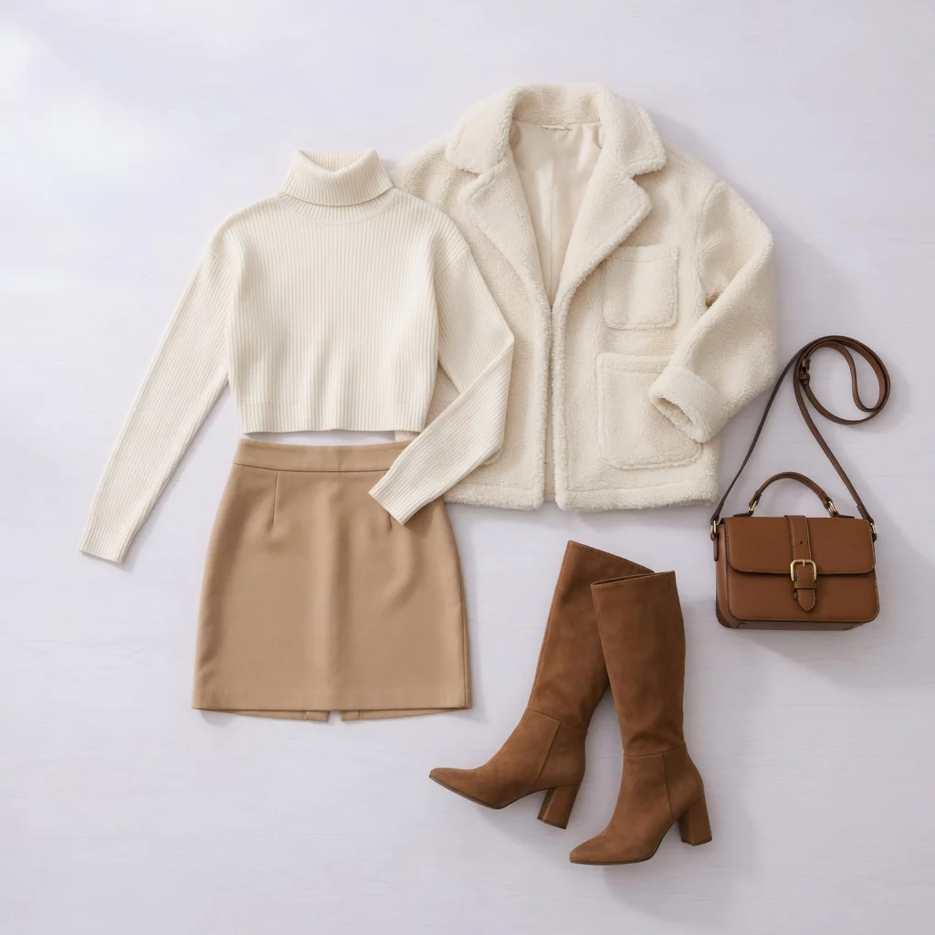 Cream Turtleneck & Tan Mini Skirt Look