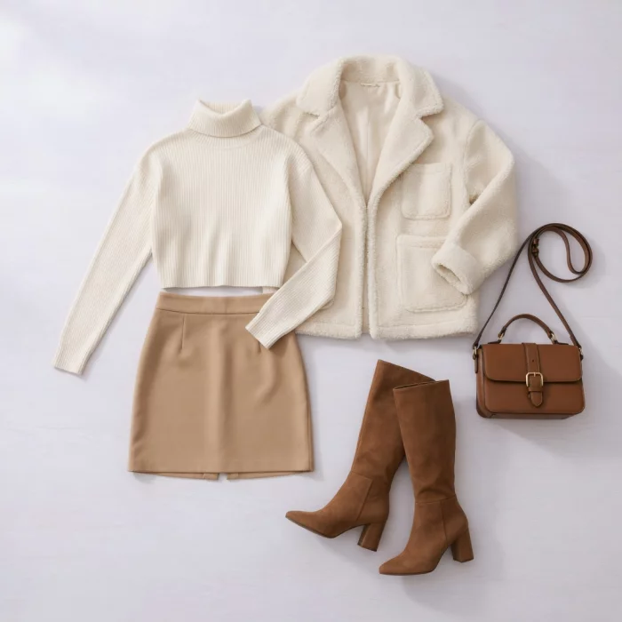 Cream Turtleneck & Tan Mini Skirt Look