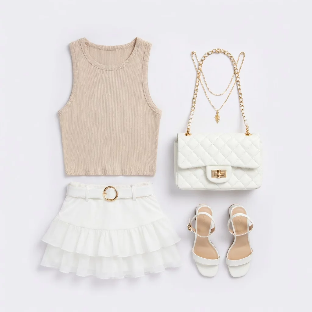 Soft Beige Crop & White Ruffle Romance