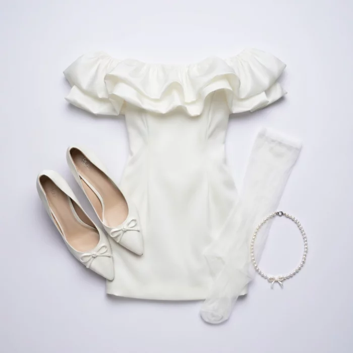 White Off-Shoulder Ruffle Mini Dress with Heels