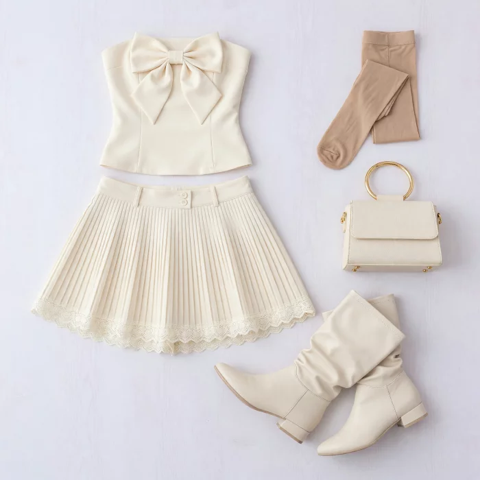 Conjunto Romântico Creme com Laço, Top Sem Alças e Mini Saia