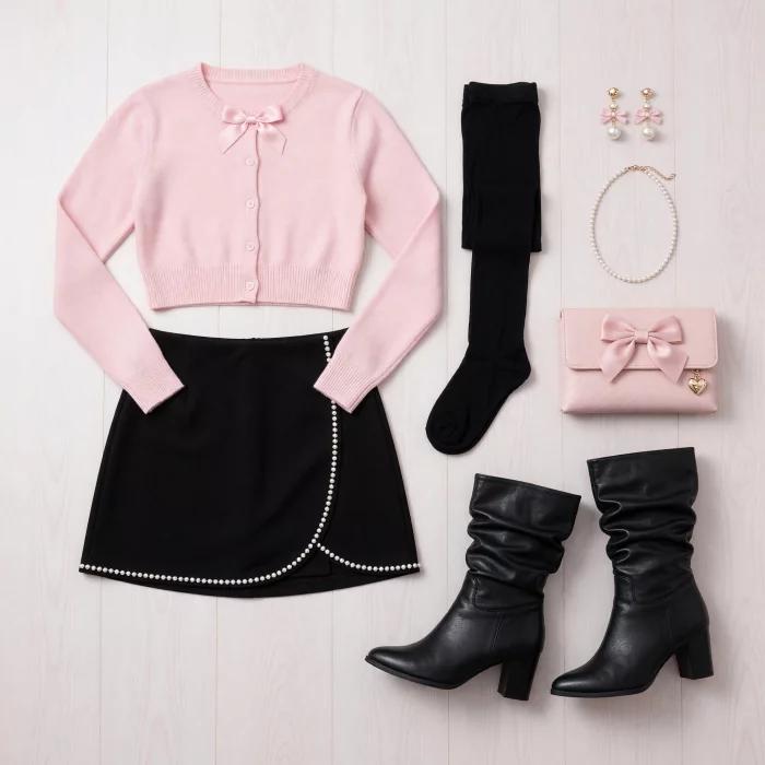 Coquette Pink Cardigan & Pearl Skirt Ensemble 40