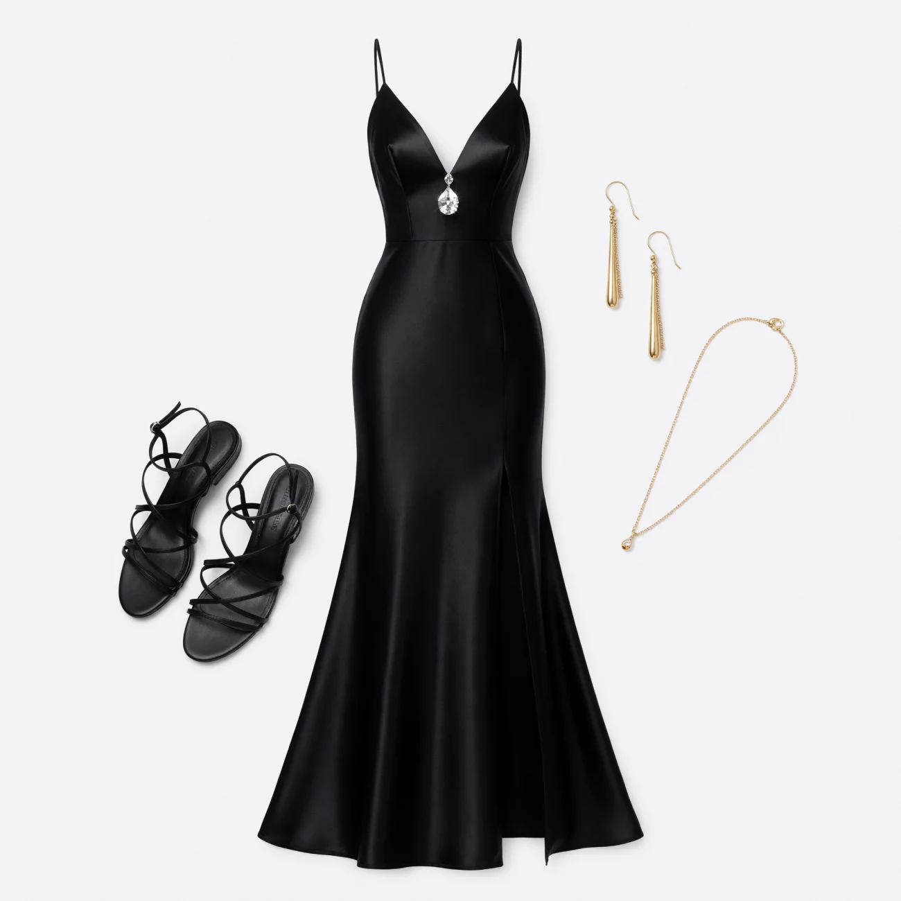 Schwarzes Maxikleid mit Kristallanhänger 10