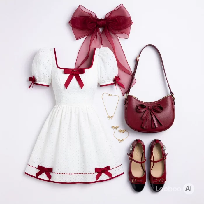 Coquette White Eyelet Dress with Red Bows