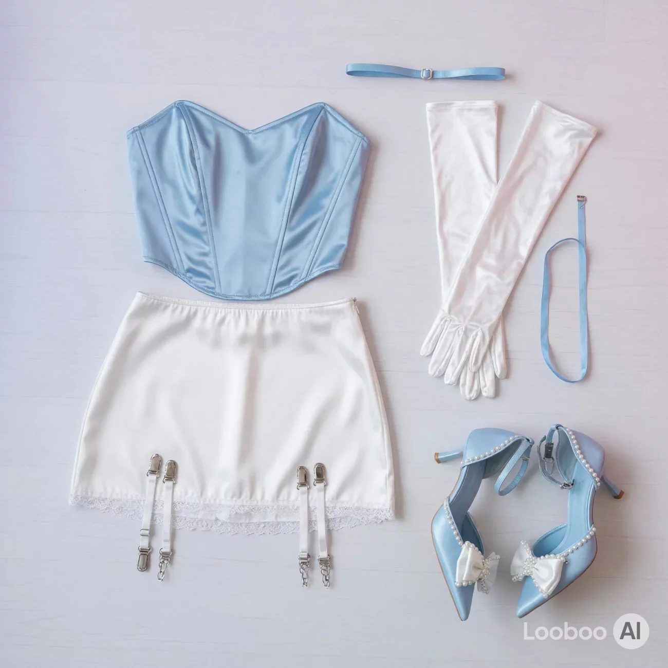 Icy Blue Corset and White Mini Skirt Ensemble 20