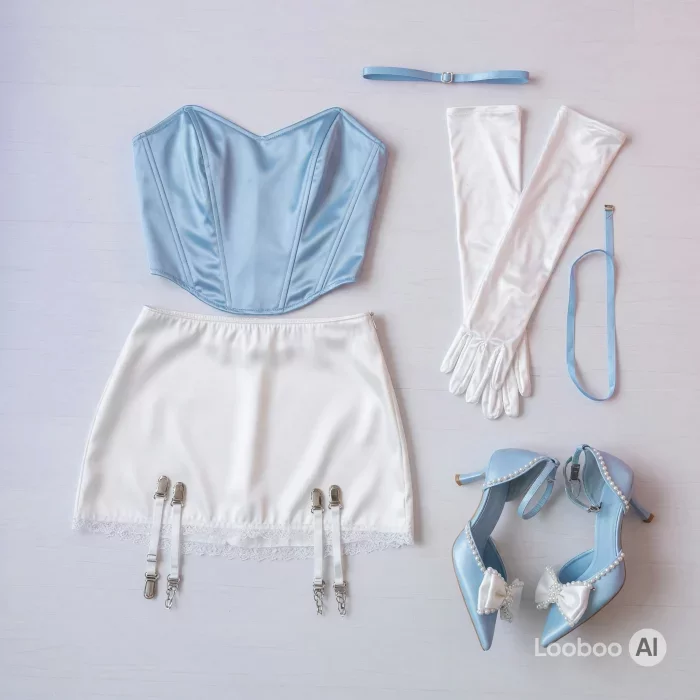 Conjunto de Corsé Azul Hielo y Mini Falda Blanca