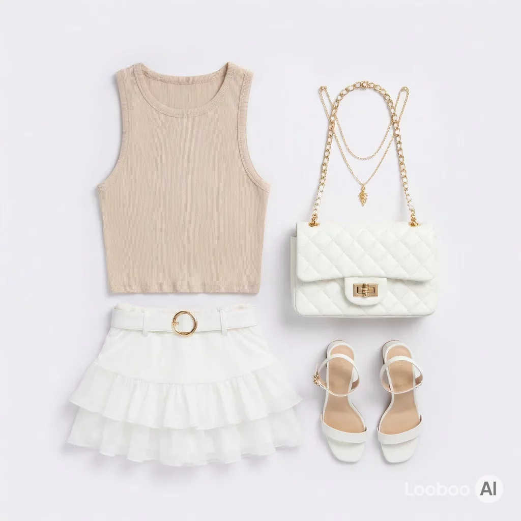 Soft Beige Crop & White Ruffle Romance