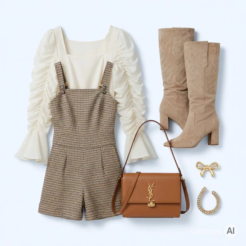 Plaid Romper Layered with Ruched Blouse