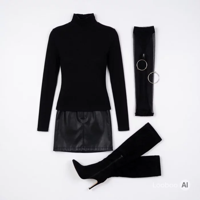 Ganzschwarzes Ensemble mit Rollkragen und Leder-Minirock
