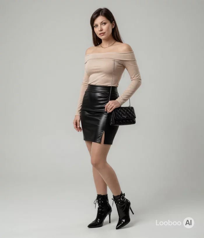 Beige Off-Shoulder Top with Black Leather Mini Skirt 20