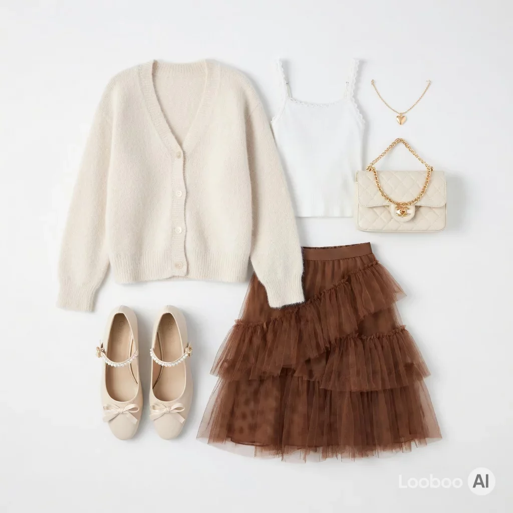 Cárdigan beige soft girl y falda de tul escalonada