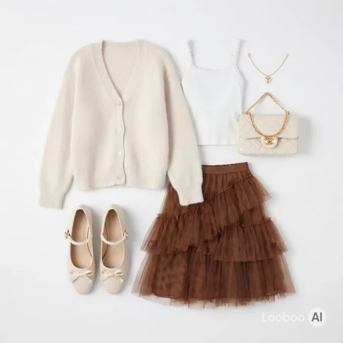 Cárdigan beige soft girl y falda de tul escalonada 40